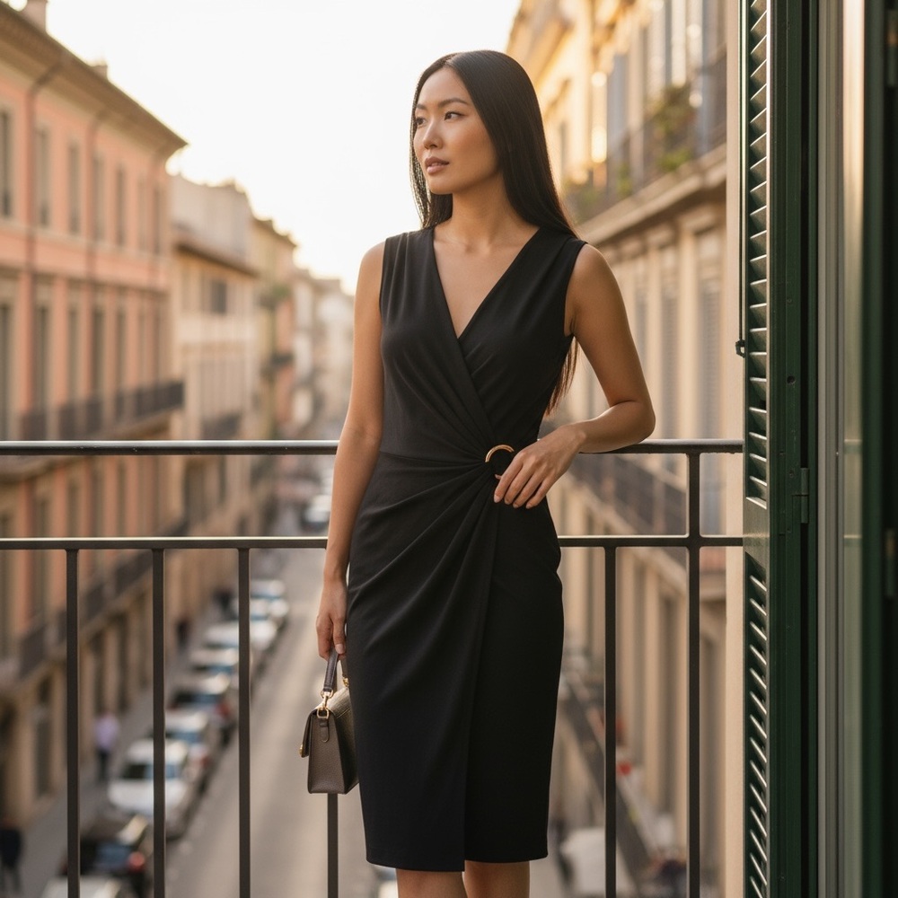 RALPH LAUREN ☆ Classic Black Faux Wrap Stretch Sleeveless Dress w/ Gold Buckle